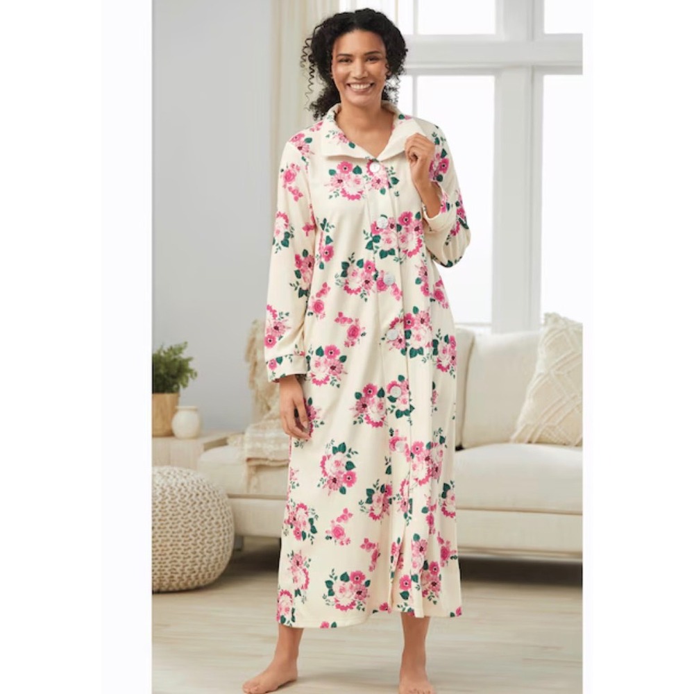 Easy Essentials Women Large Floral Button Front Nightgown Pink Roses Ribbed Maxi
